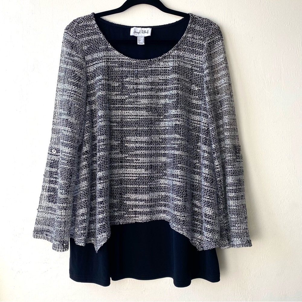 JOSEPH RIBKOFF Metallic Silver Gray & Black Layered Tunic Sweater Dressy Top,12